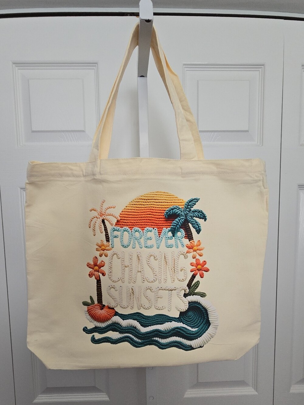 Forever Chasing Sunsets Embroidered Canvas Tote - Cream